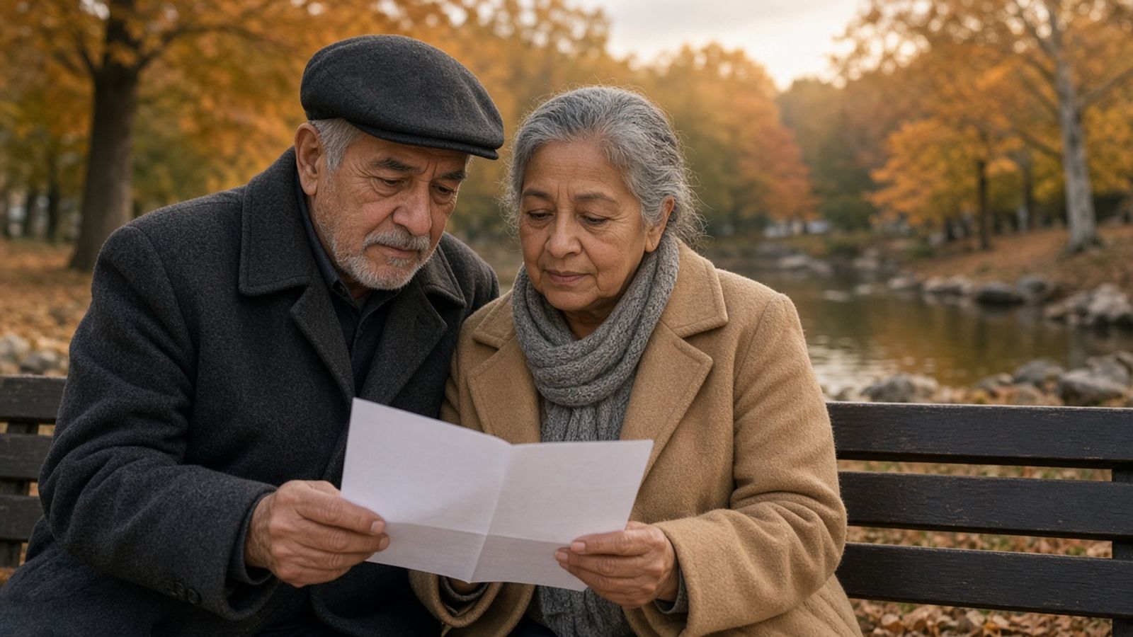 An older couple in a charcoal wool jacket and a camel coat read a letter together on a park bench by a lake