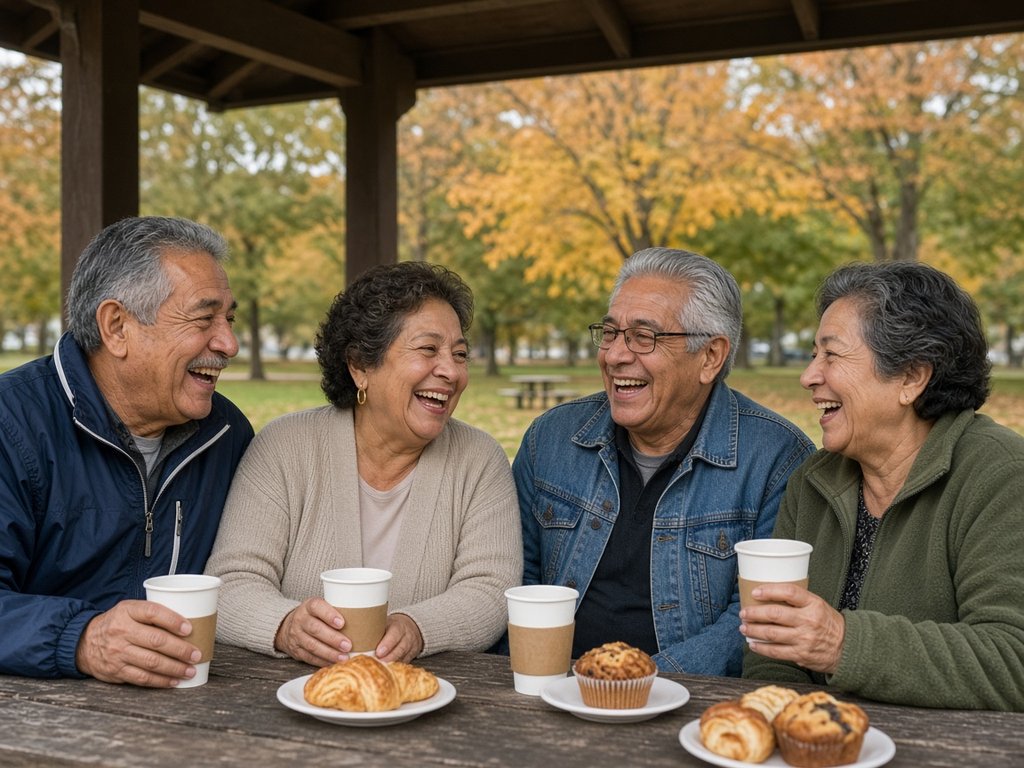 Four older friends in a navy windbreaker, beige cardigan, denim jacket and green fleece share coffee and laughs under a park pavilion
