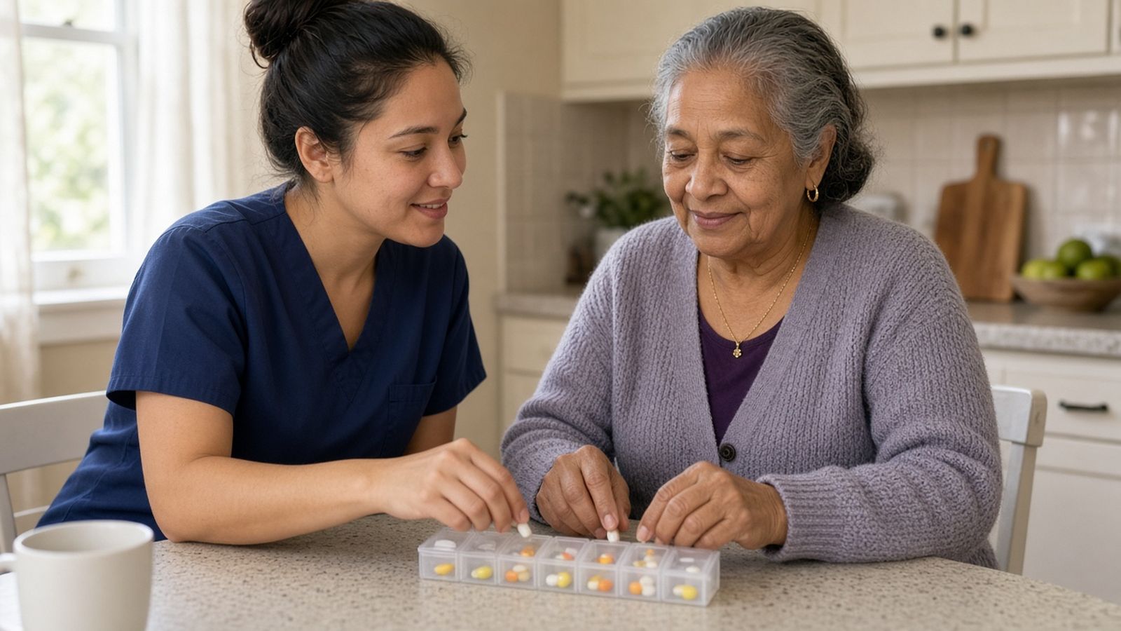 A home health aide in navy scrubs helps an older woman in a grey-lavender cardigan fill a pill organizer