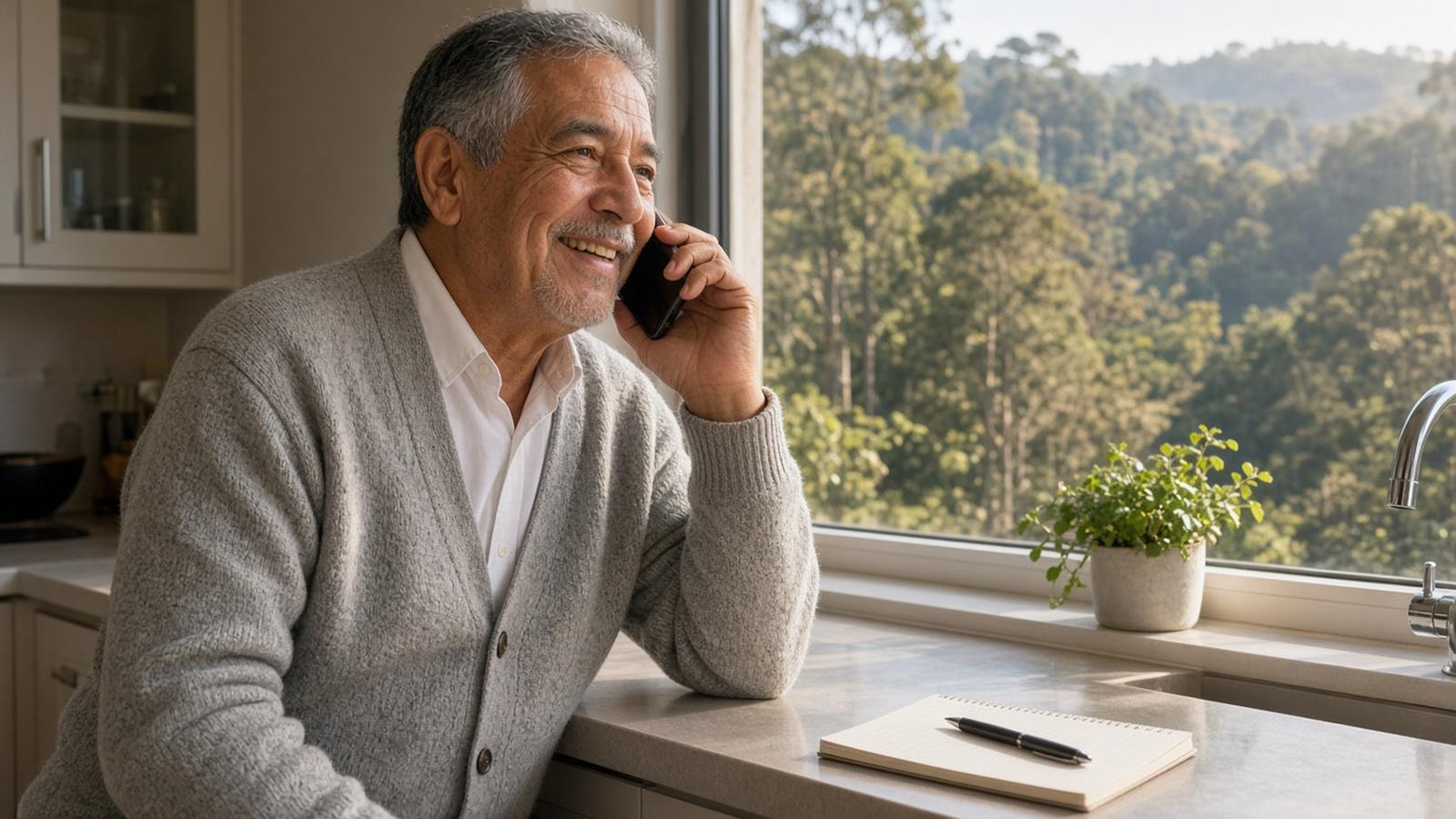 A smiling older man in a grey cardigan talks on his phone at a kitchen window with wooded hills outside